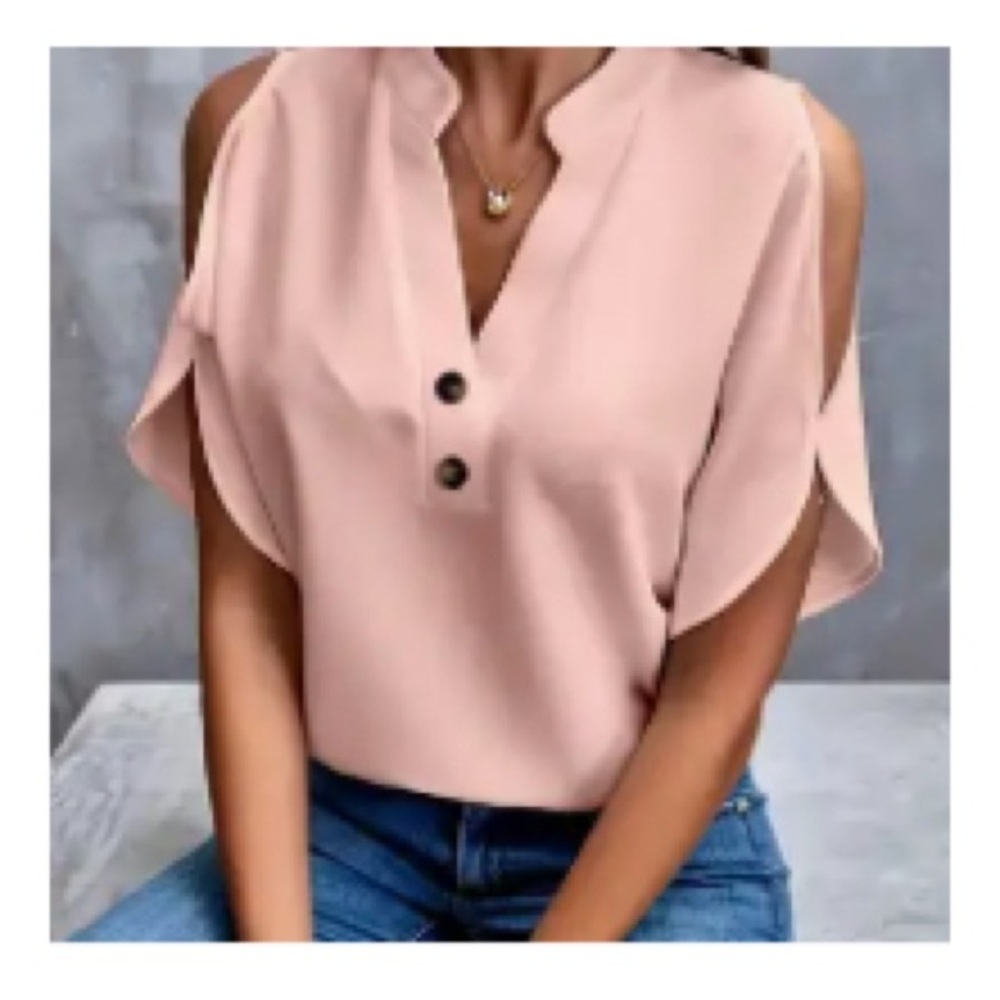 Temu Elegant Pink V-Neck Cold Shoulder Blouse, 3XL